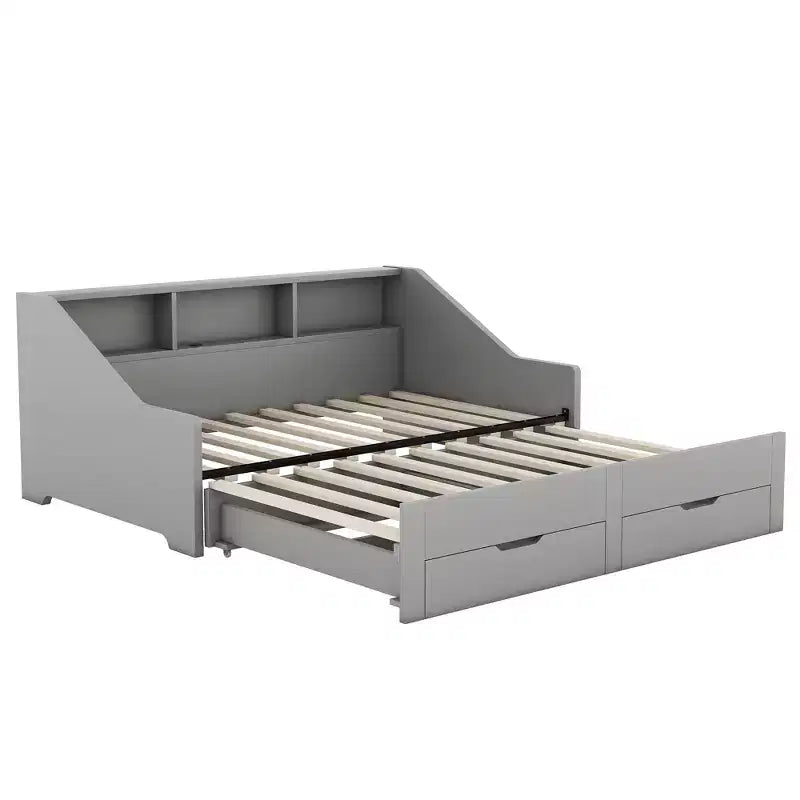 Divano letto da una piazza o una piazza e mezza con porte USB, librerie portaoggetti e due cassetti, bianco/grigio-ModernLuxe