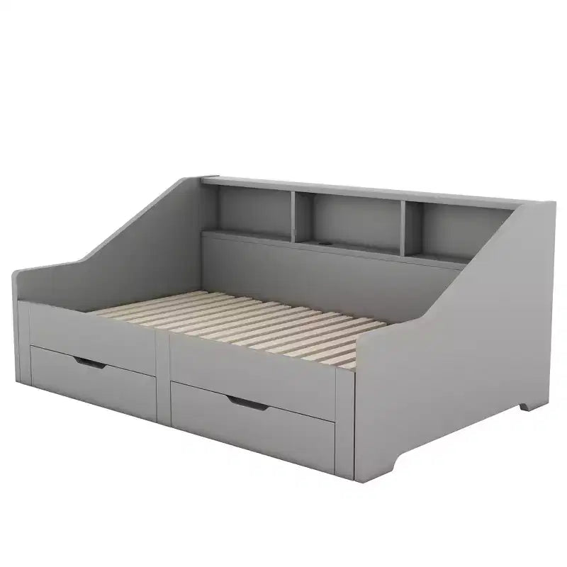 Divano letto da una piazza o una piazza e mezza con porte USB, librerie portaoggetti e due cassetti, bianco/grigio-ModernLuxe