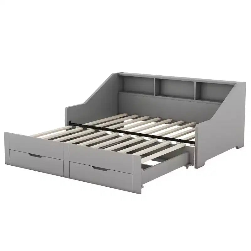 Divano letto da una piazza o una piazza e mezza con porte USB, librerie portaoggetti e due cassetti, bianco/grigio-ModernLuxe