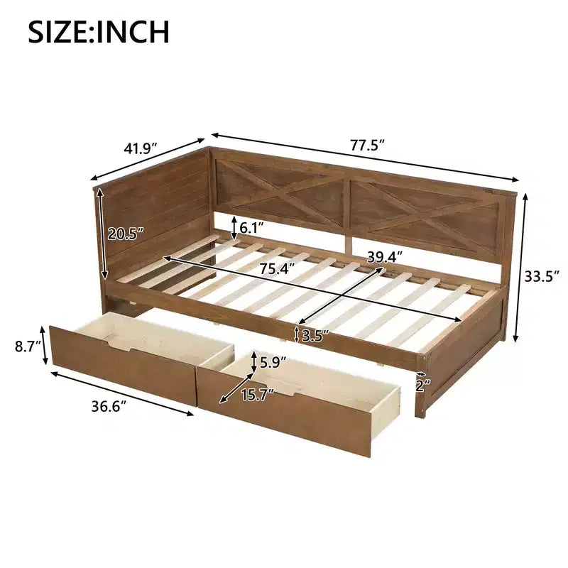 Divano Letto Singolo con Letto Estraibile/2 Cassetti e Sponda Rustica, Grigio/Marrone-ModernLuxe