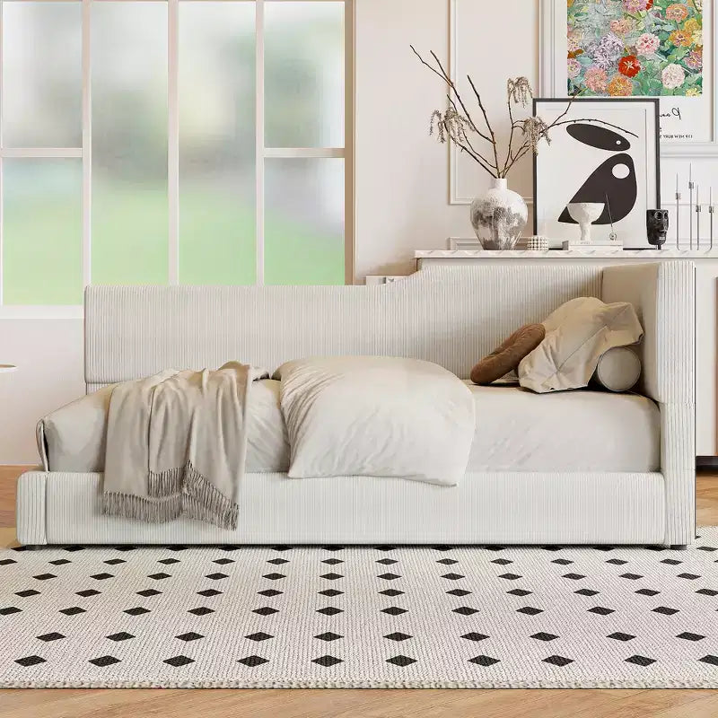 Divano Letto a L Imbottito in Velluto a Coste, Twin/Full Size, 4D - ModernLuxe
