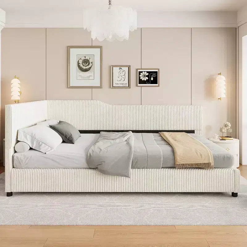 Divano Letto a L Imbottito in Velluto a Coste, Twin/Full Size, 4D - ModernLuxe