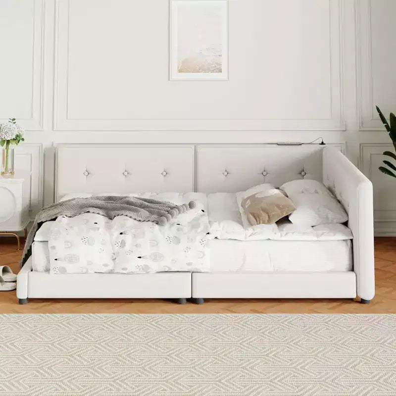 Letto a piattaforma Queen/Full Size, Letto da giorno imbottito a terra con porte USB - ModernLuxe