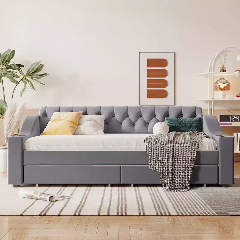 Divano letto imbottito a una piazza Whisen Morden Design con braccioli contenitore e porta USB
