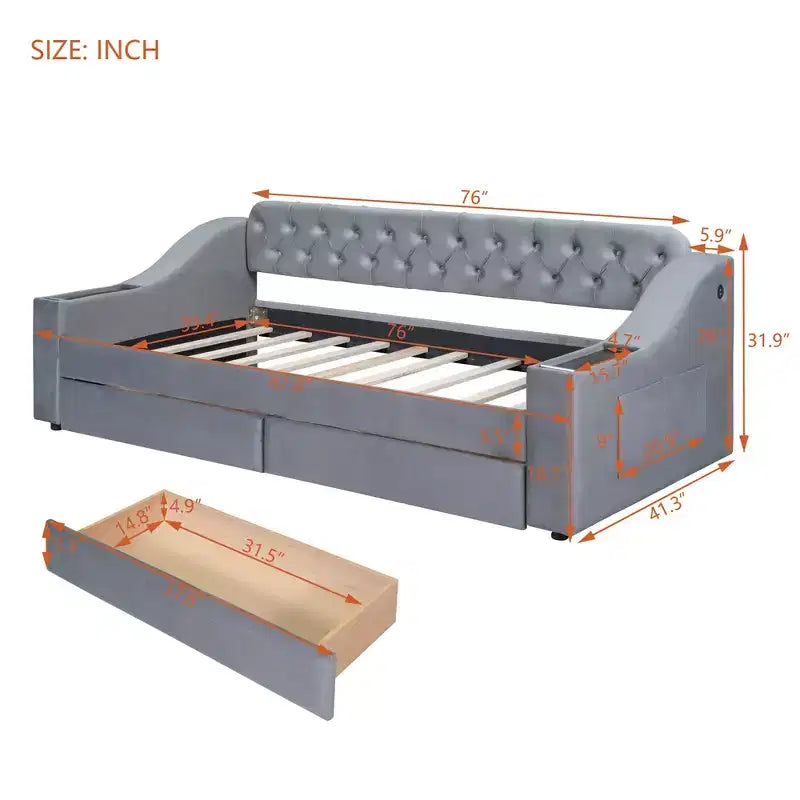 Divano letto imbottito a una piazza Whisen Morden Design con braccioli contenitore e porta USB