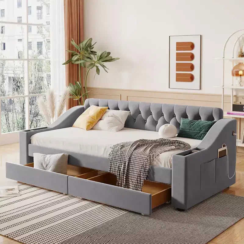 Divano letto imbottito a una piazza Whisen Morden Design con braccioli contenitore e porta USB