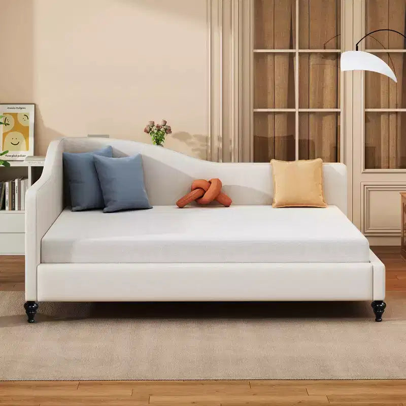 Divano letto Whisen in lino con gambe in legno massello dal design elegante a forma di L