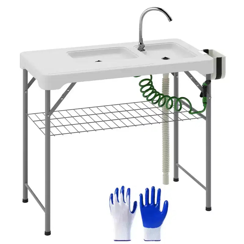 Outsunny Tavolo Pieghevole per Pulizia Pesce con Lavelli, Tavolo per Filettare da Esterno con Rubinetto, Tubo di Scarico, Spruzzatore, Ripiano, Cassetto e Cesto Portaoggetti