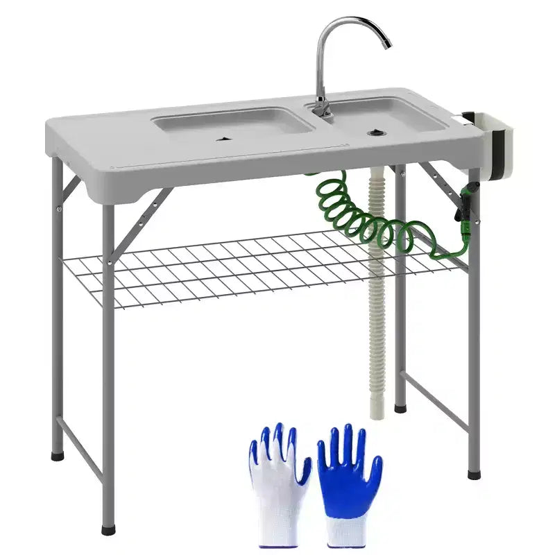 Outsunny Tavolo Pieghevole per Pulizia Pesce con Lavelli, Tavolo per Filettare da Esterno con Rubinetto, Tubo di Scarico, Spruzzatore, Ripiano, Cassetto e Cesto Portaoggetti