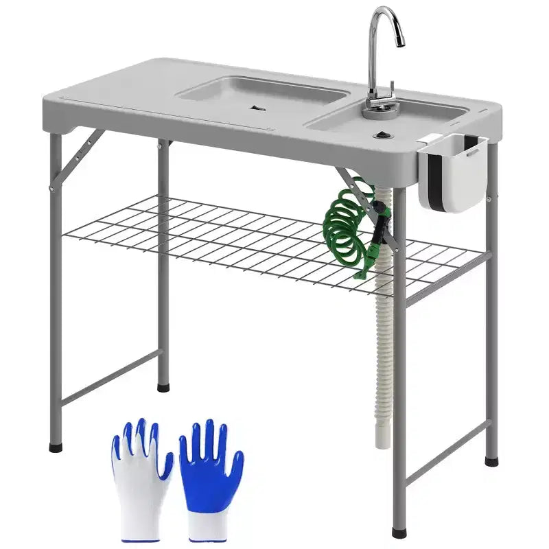 Outsunny Folding Fish Cleaning Table with Sinks, Outdoor Fillet Table with Faucet, Drainage Hose, Sprayer, Shelf, Drawer and Storage Basket