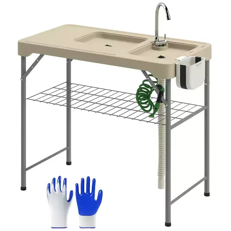 Outsunny Tavolo Pieghevole per Pulizia Pesce con Lavelli, Tavolo per Filettare da Esterno con Rubinetto, Tubo di Scarico, Spruzzatore, Ripiano, Cassetto e Cesto Portaoggetti