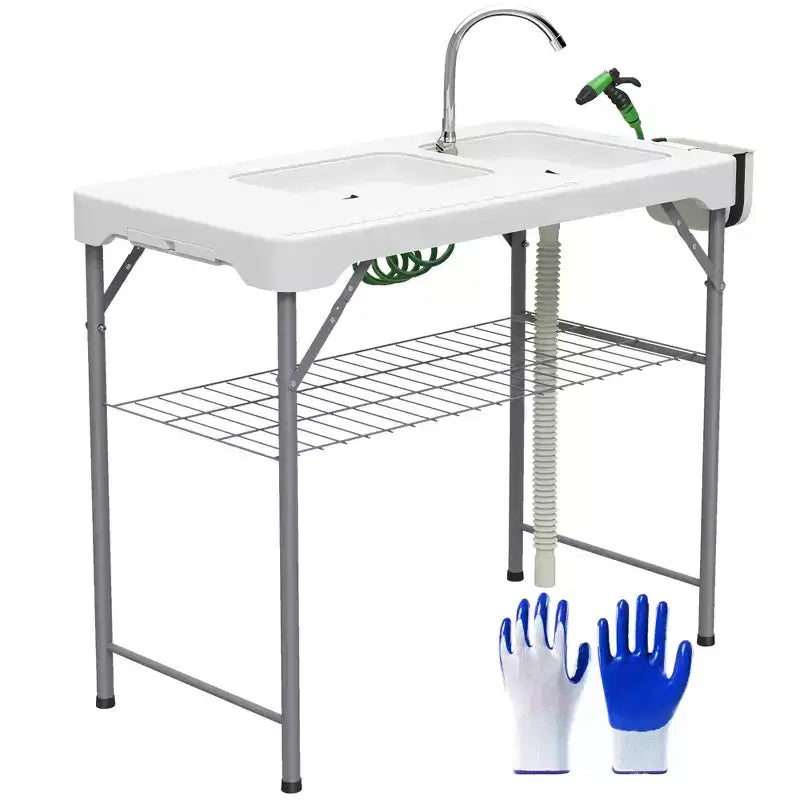 Outsunny Tavolo Pieghevole per Pulizia Pesce con Lavelli, Tavolo per Filettare da Esterno con Rubinetto, Tubo di Scarico, Spruzzatore, Ripiano, Cassetto e Cesto Portaoggetti