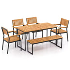 Costway Set da Pranzo da Esterno 6 Pezzi in Legno di Acacia con Panca, 2 Fori per Ombrellone, per 6-7 Persone