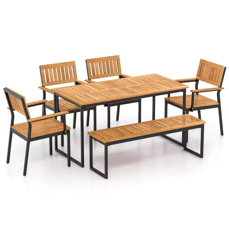 Costway Set da Pranzo da Esterno 6 Pezzi in Legno di Acacia con Panca, 2 Fori per Ombrellone, per 6-7 Persone
