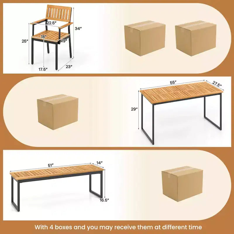 Costway Set da Pranzo da Esterno 6 Pezzi in Legno di Acacia con Panca, 2 Fori per Ombrellone, per 6-7 Persone