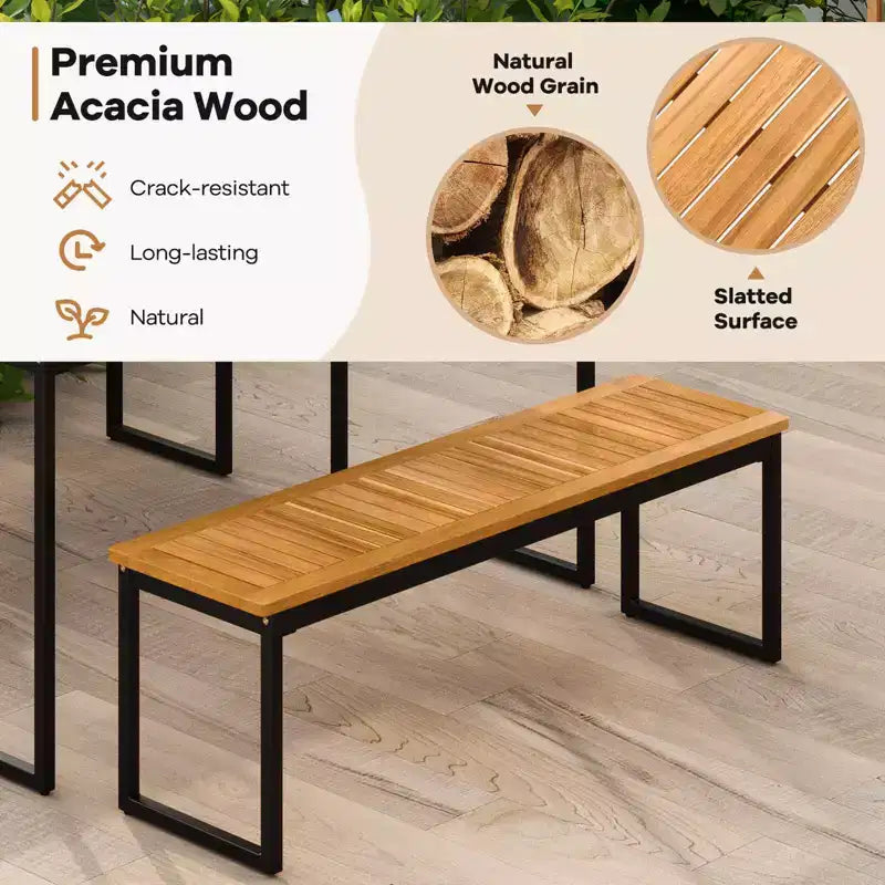 Costway Set da Pranzo da Esterno 6 Pezzi in Legno di Acacia con Panca, 2 Fori per Ombrellone, per 6-7 Persone
