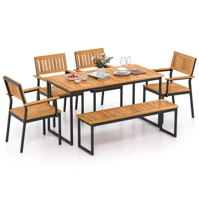 Costway Set da Pranzo da Esterno 6 Pezzi in Legno di Acacia con Panca, 2 Fori per Ombrellone, per 6-7 Persone