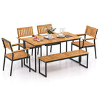 Costway Set da Pranzo da Esterno 6 Pezzi in Legno di Acacia con Panca, 2 Fori per Ombrellone, per 6-7 Persone