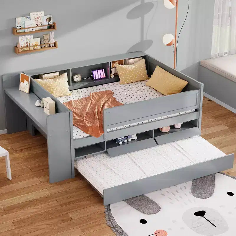 Divano letto matrimoniale multifunzione Whisen con cassetti e letto estraibile, contenitore nella testiera e tavolini, stazione di ricarica USB