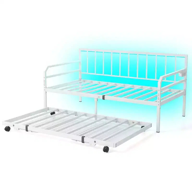Daybed Costway Matrimoniale con Rete Estraibile a Scomparsa Stazione di Ricarica e Luci a LED per Soggiorno Nero/Bianco