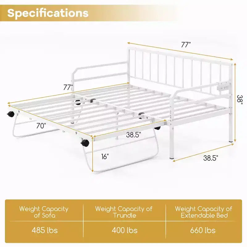 Daybed Costway Matrimoniale con Rete Estraibile a Scomparsa Stazione di Ricarica e Luci a LED per Soggiorno Nero/Bianco