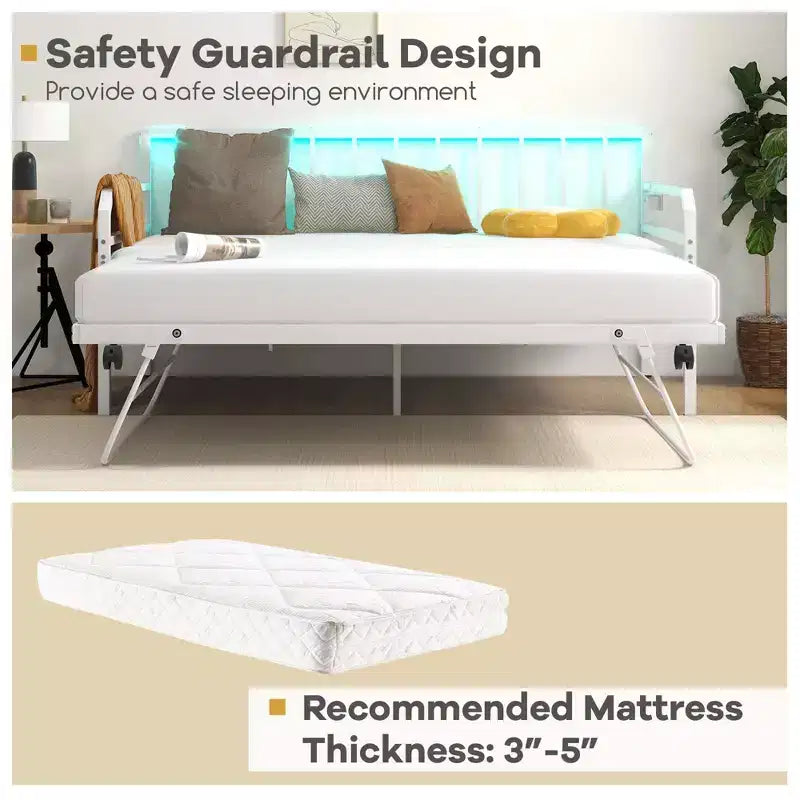 Daybed Costway Matrimoniale con Rete Estraibile a Scomparsa Stazione di Ricarica e Luci a LED per Soggiorno Nero/Bianco