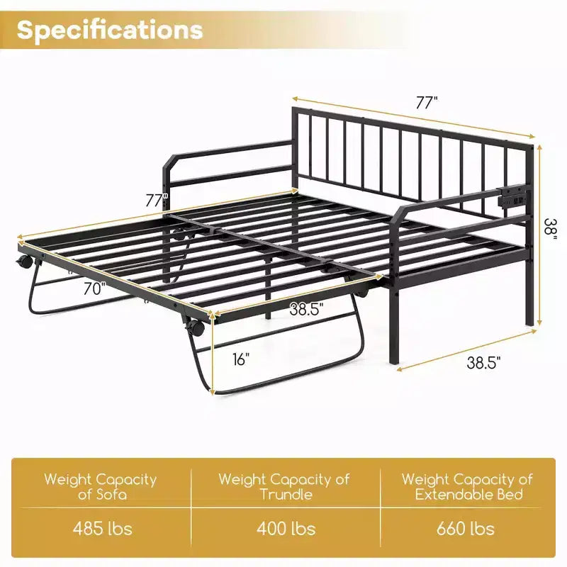 Daybed Costway Matrimoniale con Rete Estraibile a Scomparsa Stazione di Ricarica e Luci a LED per Soggiorno Nero/Bianco
