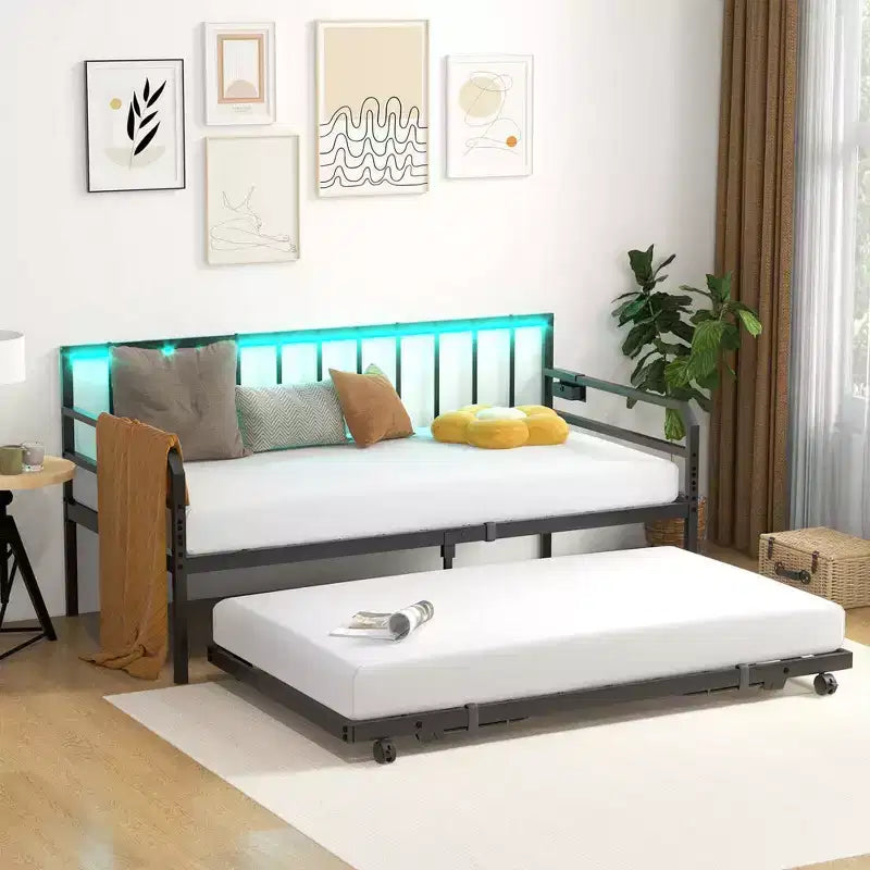 Costway Twin Size Daybed with Pop-up Trundle Charging Station & LED Lights for Living Room Black/White