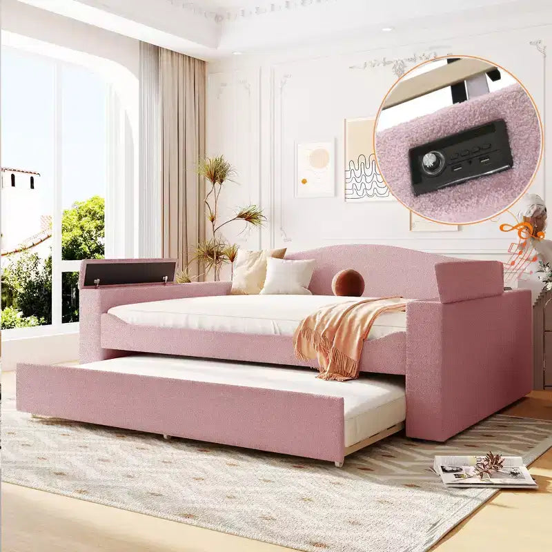 Divano letto imbottito una piazza e mezza/matrimoniale con braccioli portaoggetti, letto estraibile e sistema audio Bluetooth integrato di ultima generazione - ModernLuxe