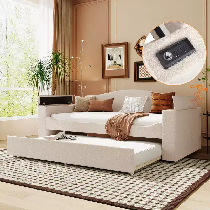 Divano letto imbottito una piazza e mezza/matrimoniale con braccioli portaoggetti, letto estraibile e sistema audio Bluetooth integrato di ultima generazione - ModernLuxe