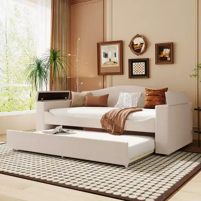 Twin/Full Size Upholstered Daybed with Storage Armrests, Trundle and Latest Integrated Bluetooth Audio System - ModernLuxe