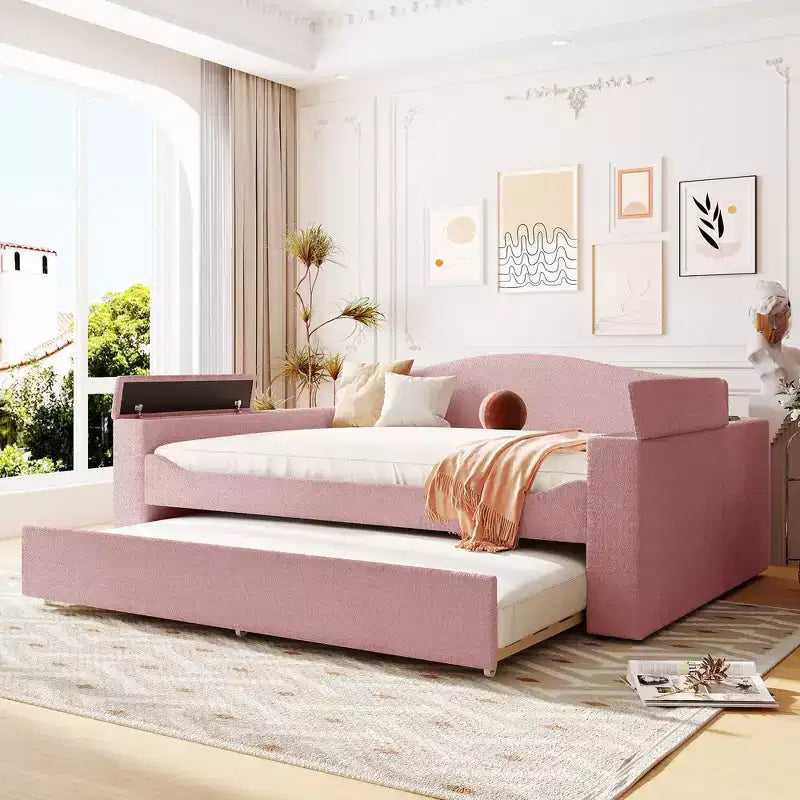Divano letto imbottito una piazza e mezza/matrimoniale con braccioli portaoggetti, letto estraibile e sistema audio Bluetooth integrato di ultima generazione - ModernLuxe