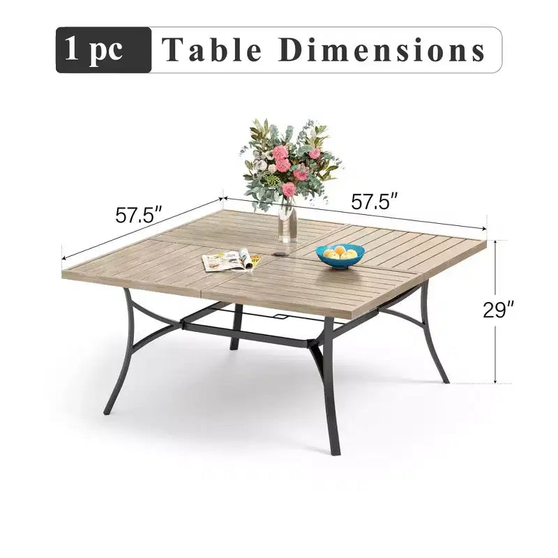 Captiva Designs, tavolo da pranzo quadrato da esterno 1 pezzo, spazioso, con piano a doghe in metallo e foro per ombrellone, per 8 persone