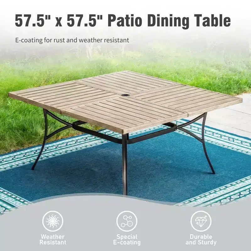 Captiva Designs, tavolo da pranzo quadrato da esterno 1 pezzo, spazioso, con piano a doghe in metallo e foro per ombrellone, per 8 persone