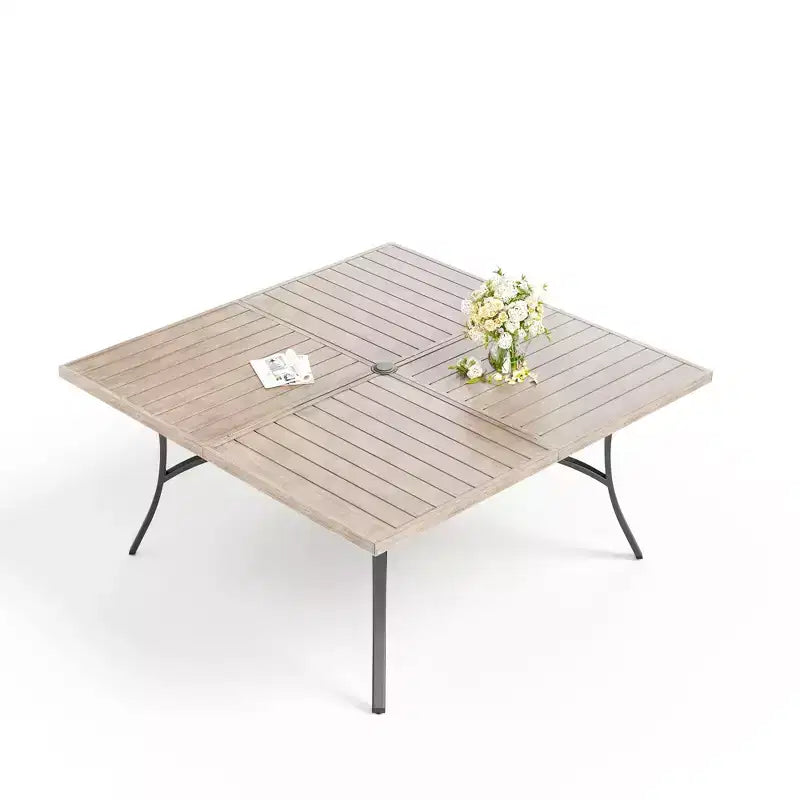 Captiva Designs, tavolo da pranzo quadrato da esterno 1 pezzo, spazioso, con piano a doghe in metallo e foro per ombrellone, per 8 persone