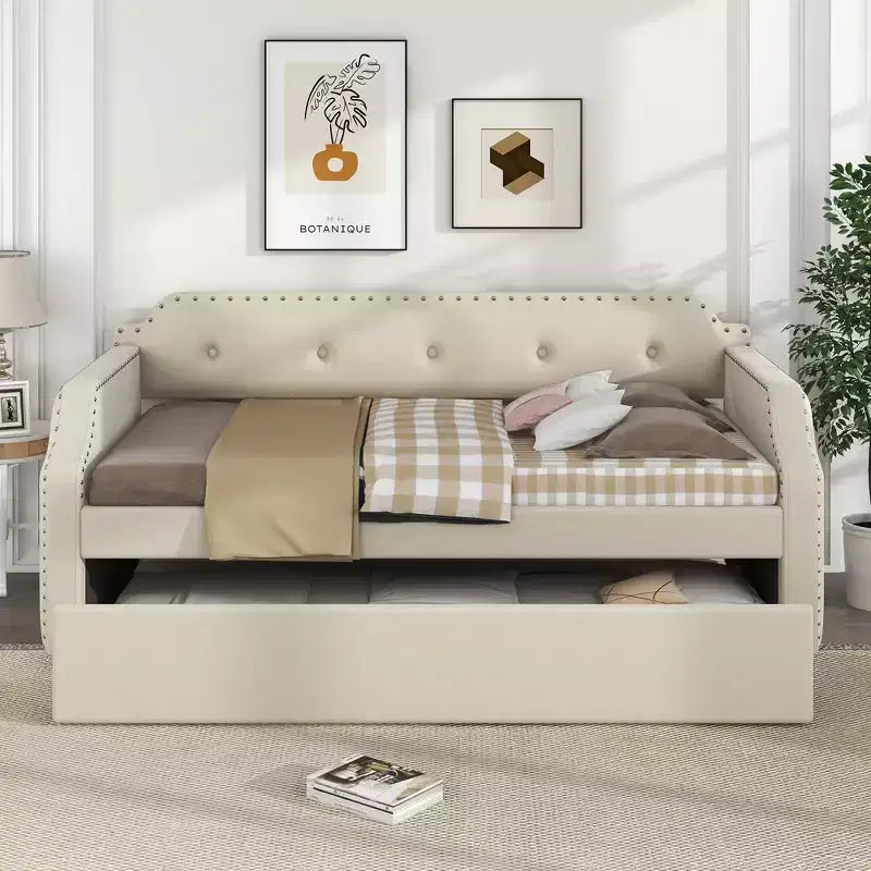 Whisen Divano Letto Imbottito Singolo con Materasso Estraibile, Supporto a Doghe in Legno, Struttura Imbottita Divano Letto