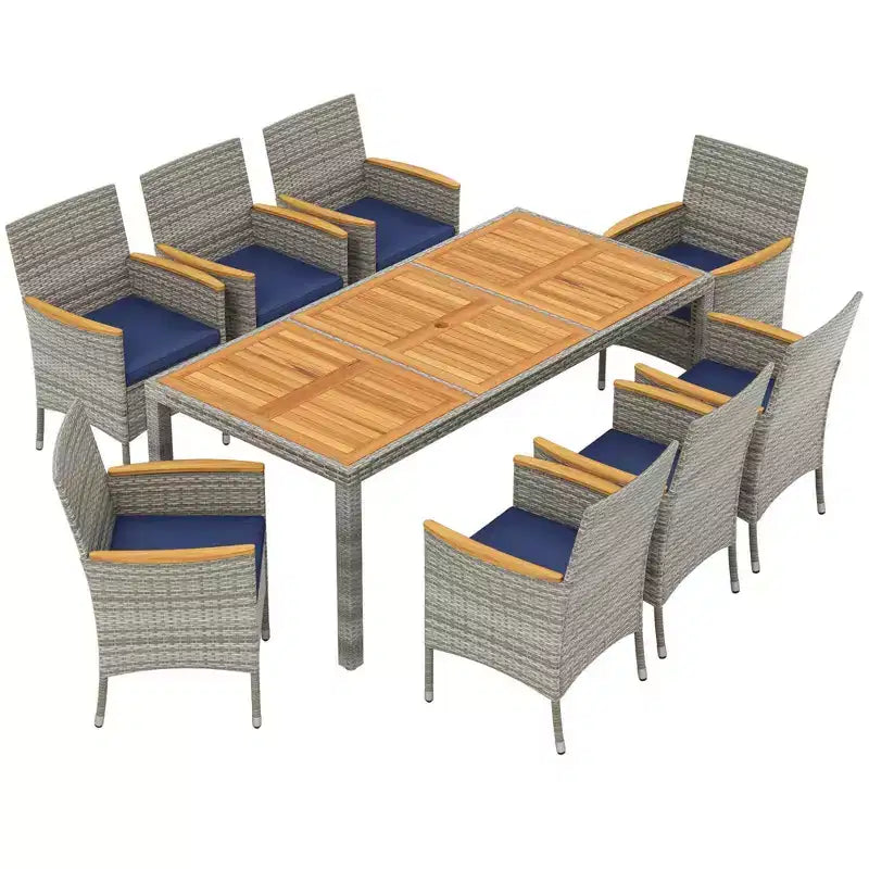 Set da Pranzo da Esterno Costway 9 Pezzi per 8 Persone, Tavolo e Sedie in Rattan PE con 2 Fori per Ombrellone Blu Marino/Bianco