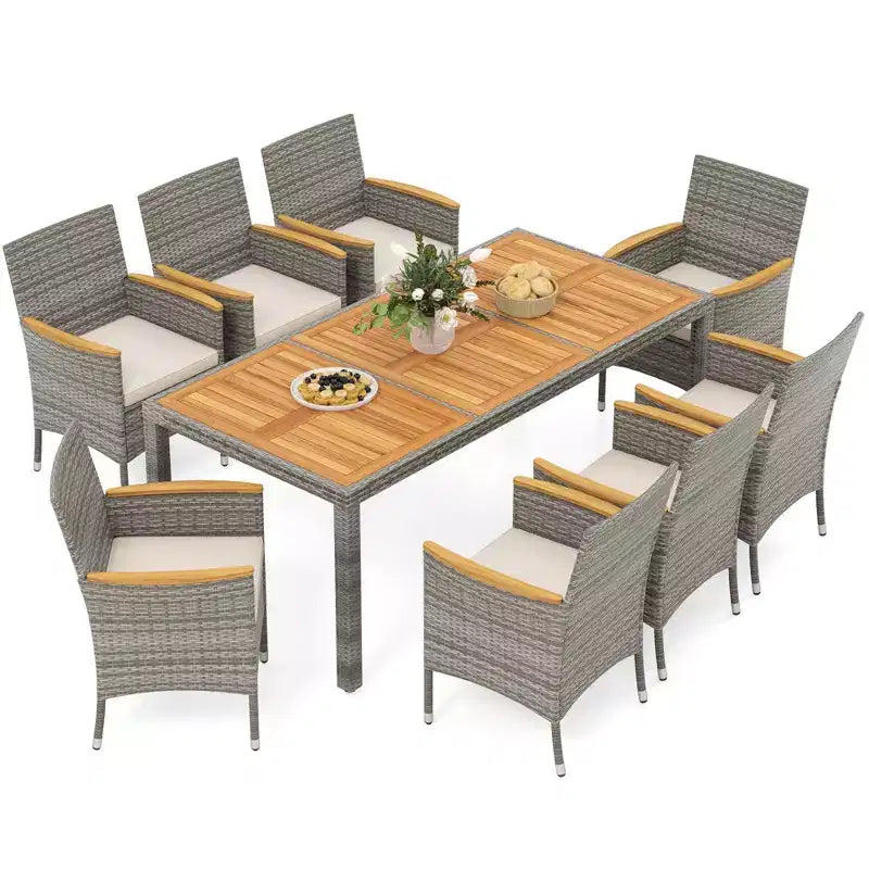 Set da Pranzo da Esterno Costway 9 Pezzi per 8 Persone, Tavolo e Sedie in Rattan PE con 2 Fori per Ombrellone Blu Marino/Bianco