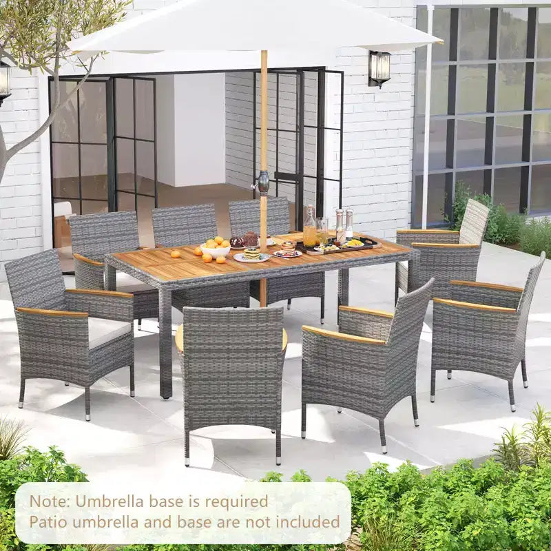 Set da Pranzo da Esterno Costway 9 Pezzi per 8 Persone, Tavolo e Sedie in Rattan PE con 2 Fori per Ombrellone Blu Marino/Bianco