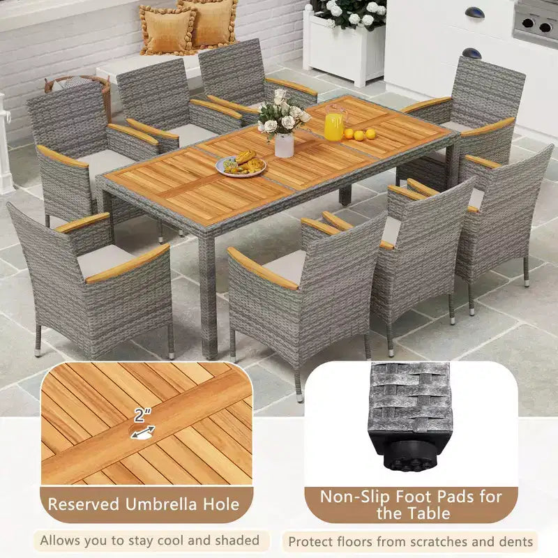 Set da Pranzo da Esterno Costway 9 Pezzi per 8 Persone, Tavolo e Sedie in Rattan PE con 2 Fori per Ombrellone Blu Marino/Bianco