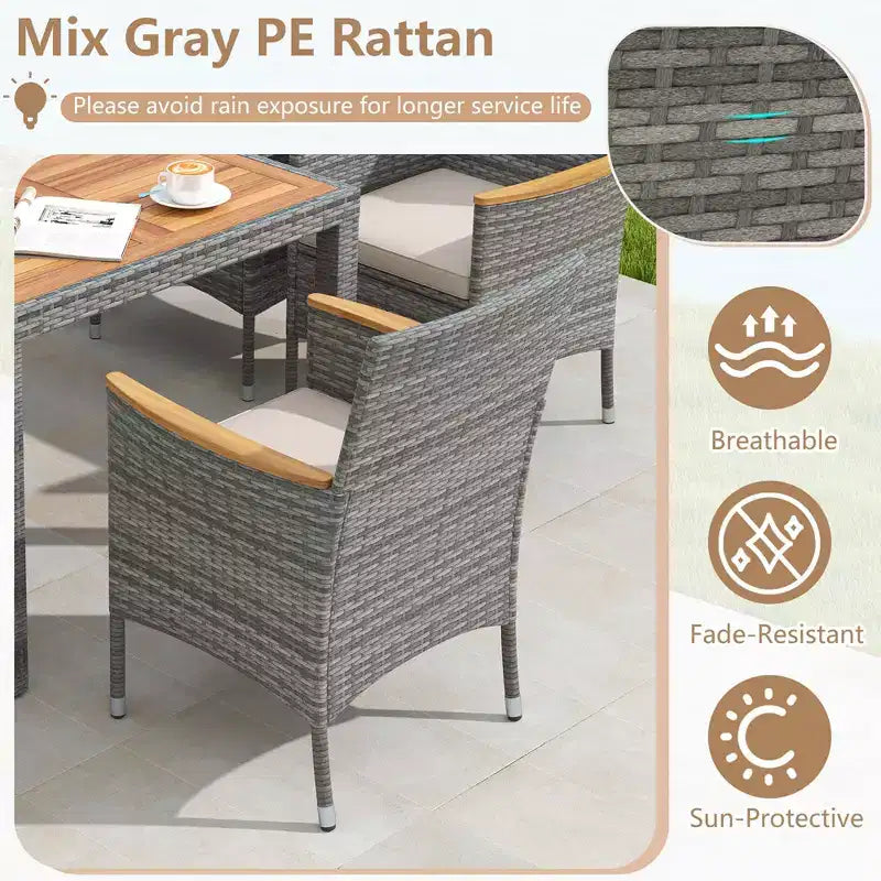 Set da Pranzo da Esterno Costway 9 Pezzi per 8 Persone, Tavolo e Sedie in Rattan PE con 2 Fori per Ombrellone Blu Marino/Bianco