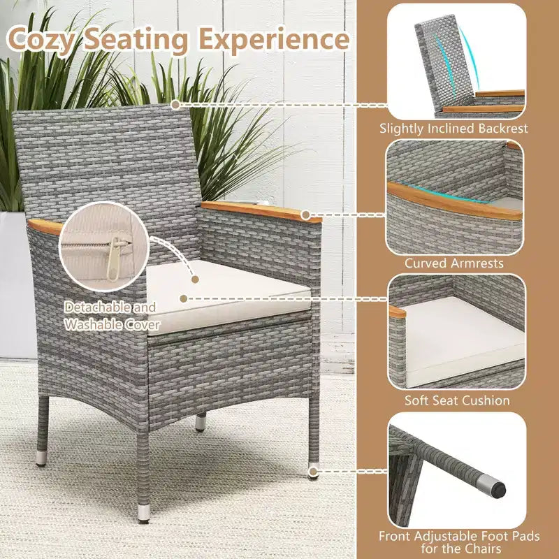 Set da Pranzo da Esterno Costway 9 Pezzi per 8 Persone, Tavolo e Sedie in Rattan PE con 2 Fori per Ombrellone Blu Marino/Bianco