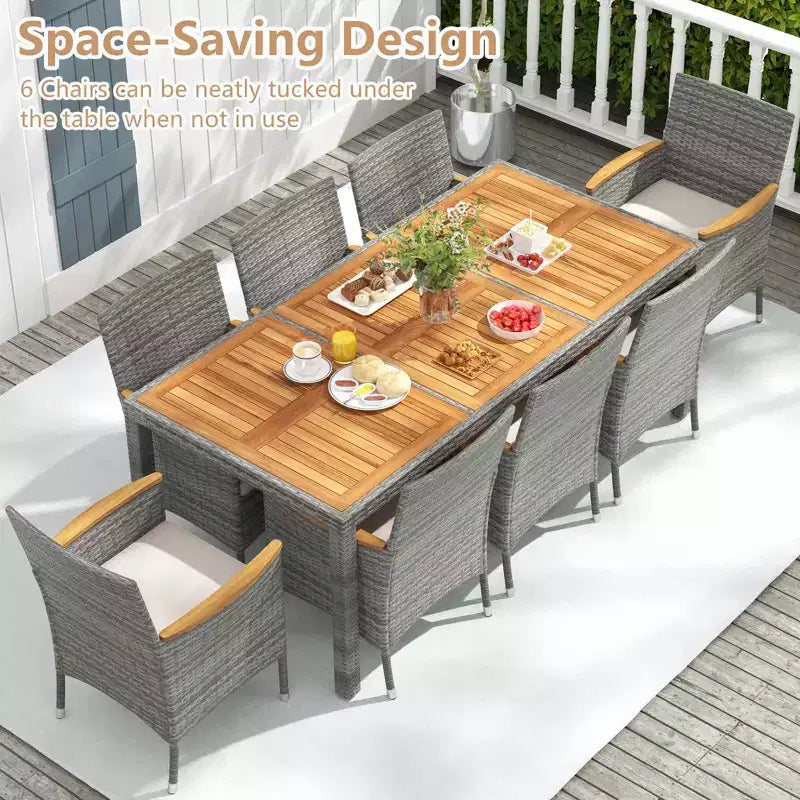 Set da Pranzo da Esterno Costway 9 Pezzi per 8 Persone, Tavolo e Sedie in Rattan PE con 2 Fori per Ombrellone Blu Marino/Bianco