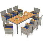 Set da Pranzo da Esterno Costway 9 Pezzi per 8 Persone, Tavolo e Sedie in Rattan PE con 2 Fori per Ombrellone Blu Marino/Bianco