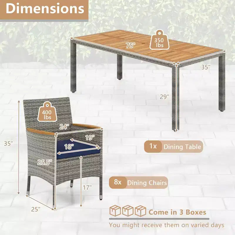 Set da Pranzo da Esterno Costway 9 Pezzi per 8 Persone, Tavolo e Sedie in Rattan PE con 2 Fori per Ombrellone Blu Marino/Bianco