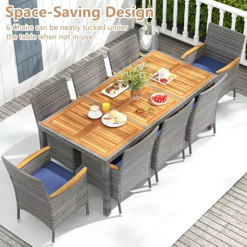 Set da Pranzo da Esterno Costway 9 Pezzi per 8 Persone, Tavolo e Sedie in Rattan PE con 2 Fori per Ombrellone Blu Marino/Bianco