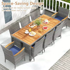 Set da Pranzo da Esterno Costway 9 Pezzi per 8 Persone, Tavolo e Sedie in Rattan PE con 2 Fori per Ombrellone Blu Marino/Bianco