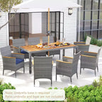 Set da Pranzo da Esterno Costway 9 Pezzi per 8 Persone, Tavolo e Sedie in Rattan PE con 2 Fori per Ombrellone Blu Marino/Bianco