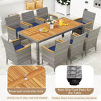Set da Pranzo da Esterno Costway 9 Pezzi per 8 Persone, Tavolo e Sedie in Rattan PE con 2 Fori per Ombrellone Blu Marino/Bianco