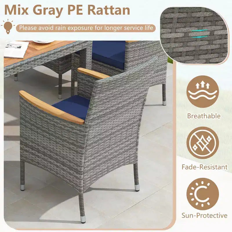 Set da Pranzo da Esterno Costway 9 Pezzi per 8 Persone, Tavolo e Sedie in Rattan PE con 2 Fori per Ombrellone Blu Marino/Bianco